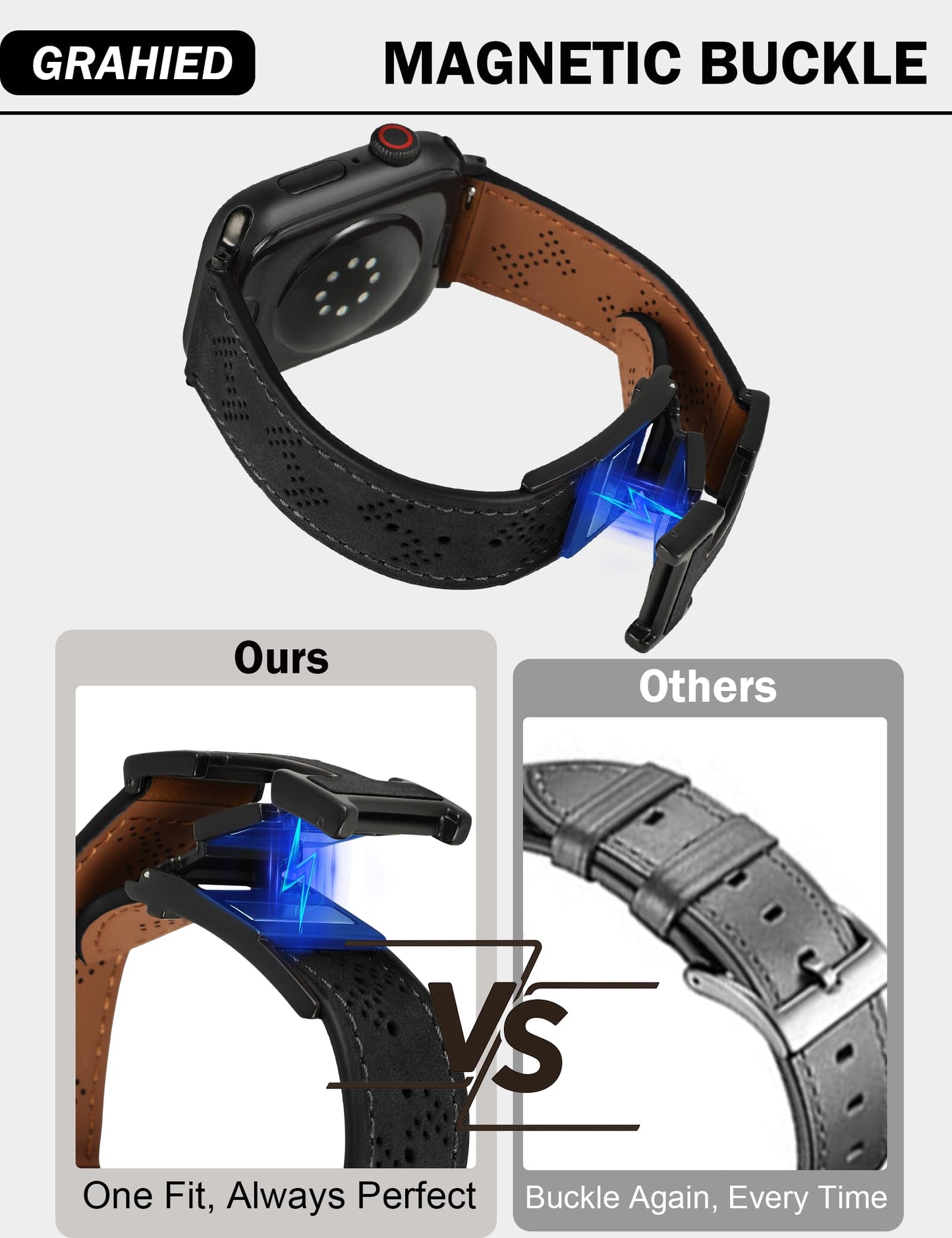 Genuine Leather Watch Band Compatible with Apple Watch Bands 49mm 46mm 45mm 44mm 42mm(S3/2/1), Daily Classic Magnetic Buckle Strap for Men iWatch Ultra SE Series 10/9/8/7/6/5/4/3/2/1(Black)