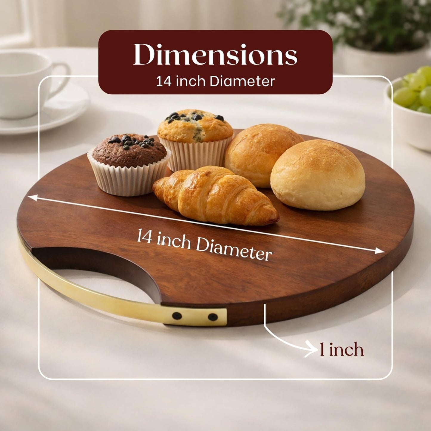 nestroots Round Wood Tray, Teak Wooden Serving Tray with Handle, 14" Serving Platter, Appetizer Charcuterie Board, Organizer Tray for Kitchen/Countertop