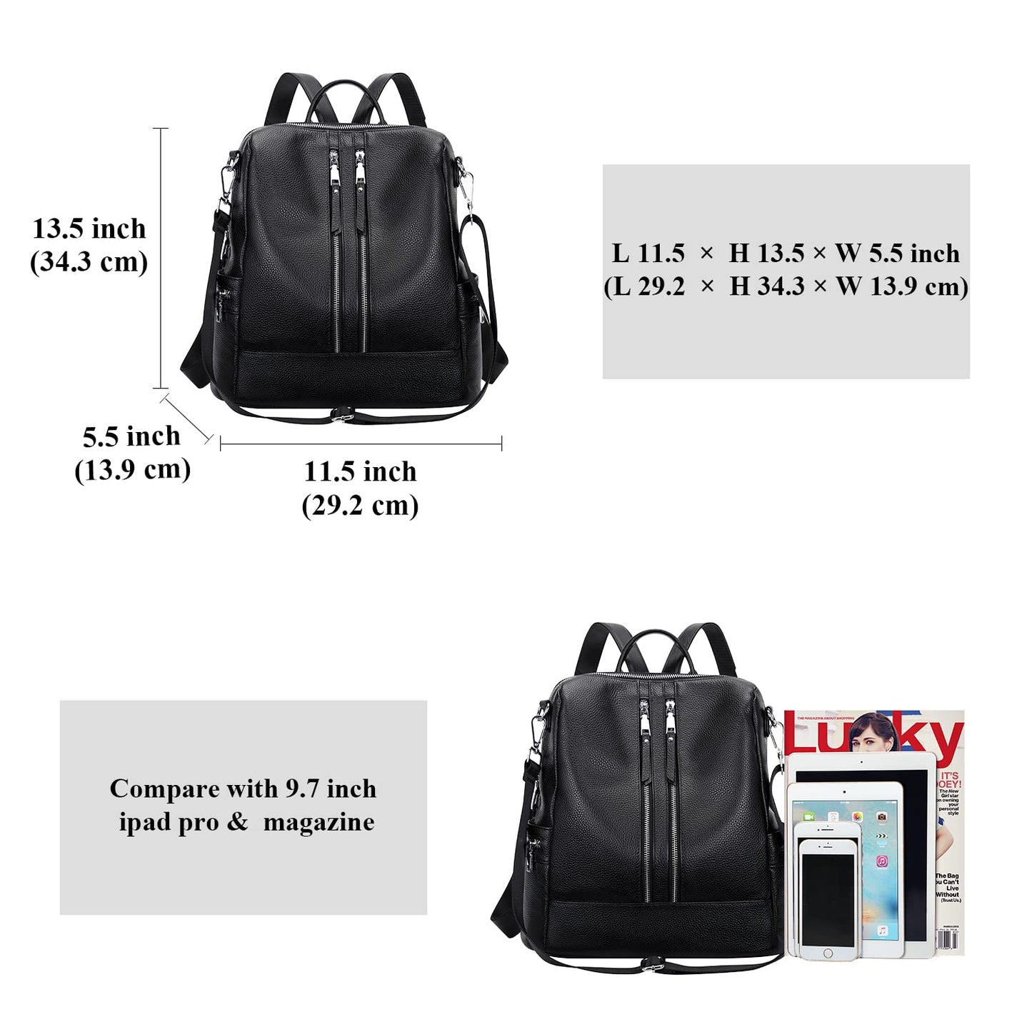 ALTOSY Genuine Leather Backpack Purse for Women Convertible Shoulder Bag Crossbody Bag Elegant Casual Daypacks (S77 Black)