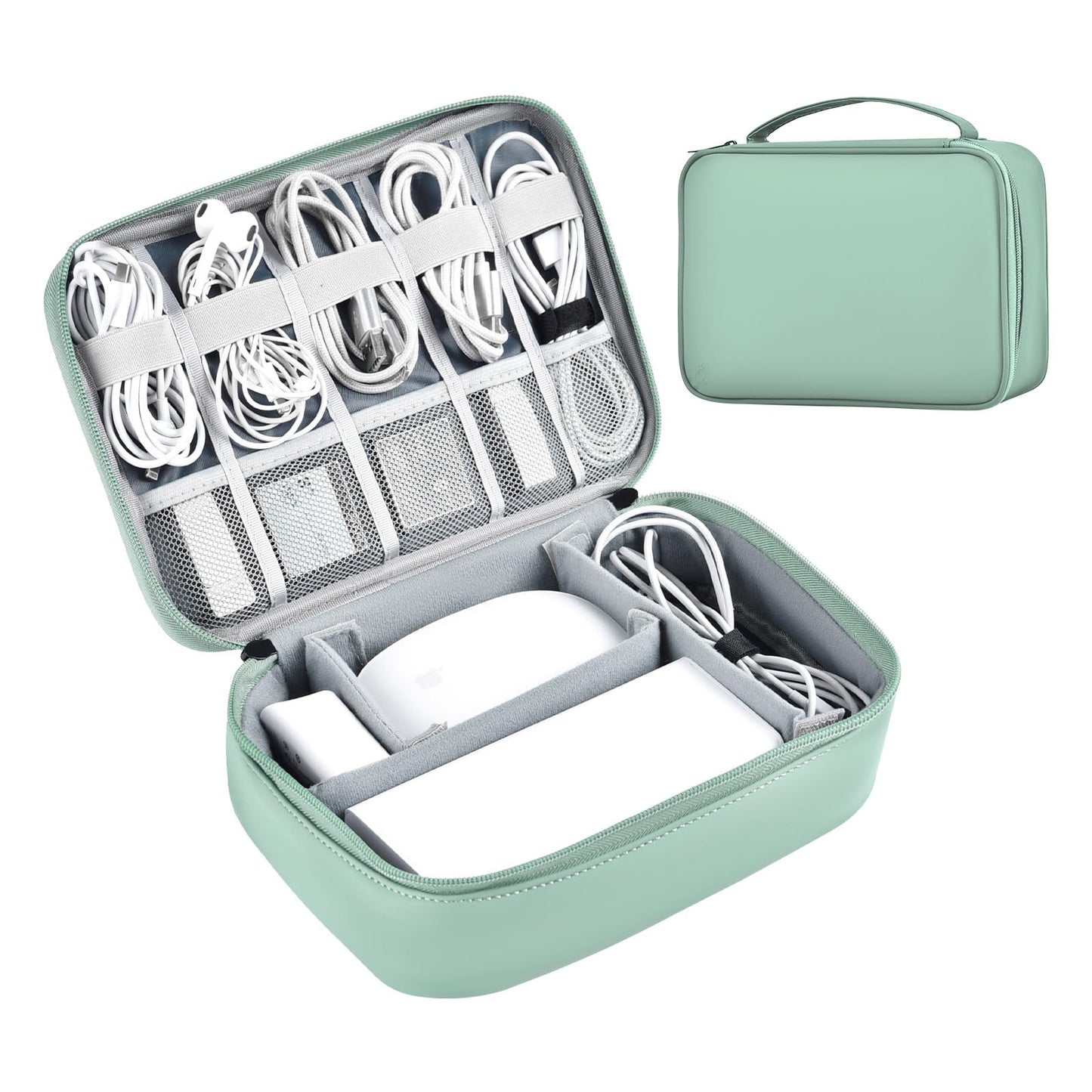 miloocul Large Capacity Electronics Accessories Organizer Travel Case with Adjustable Divider Waterproof Leather Cord Shockproof Tech Organizer Bag(Light Green, Single Layer)