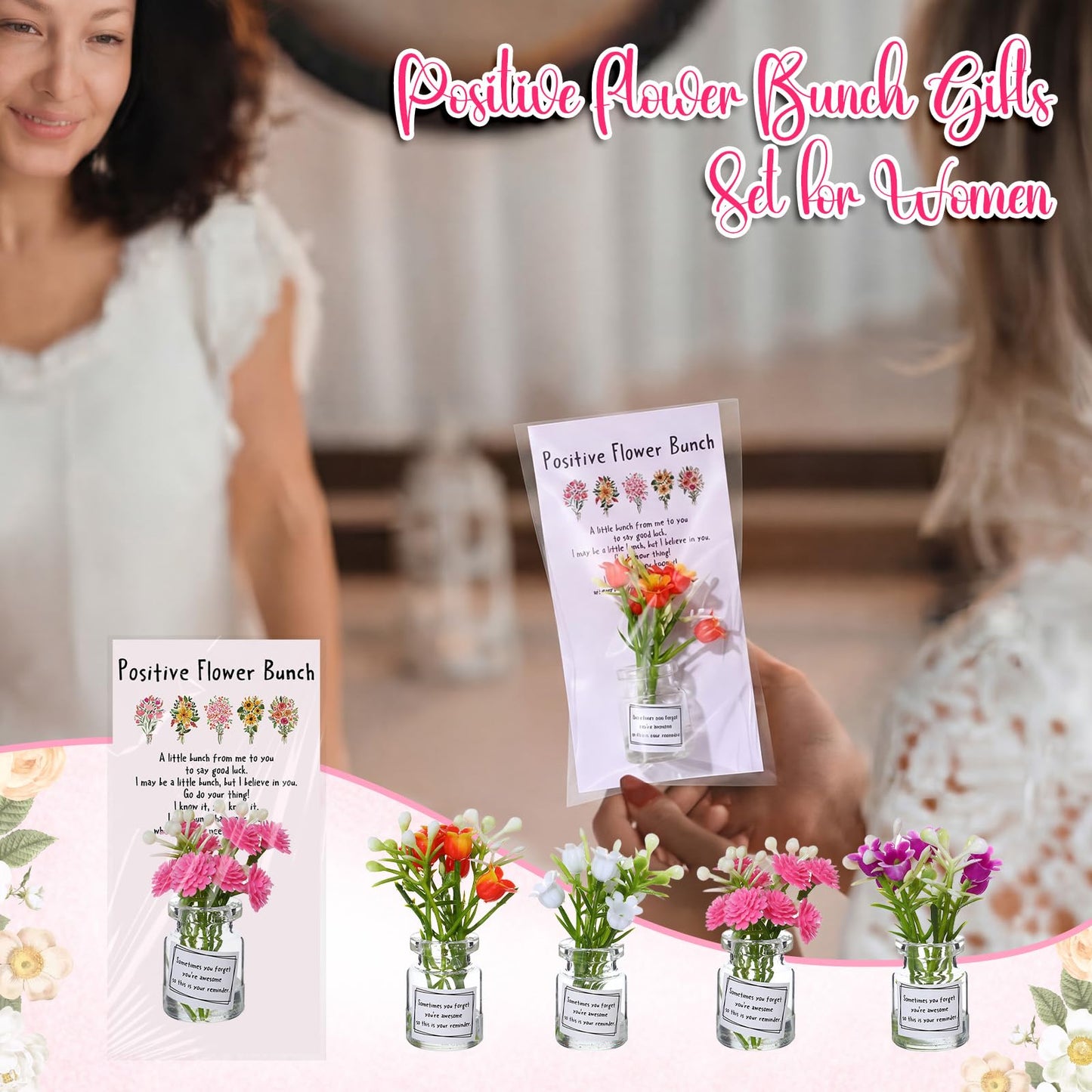 Xuhal 20 Sets Mothers Gift Set for Women Positive Mini Bud Vase with Flowers Positive Cards Motivational Office Desk Decor Gift for Mother Women Teacher Volunteer Employee Nurse Wedding