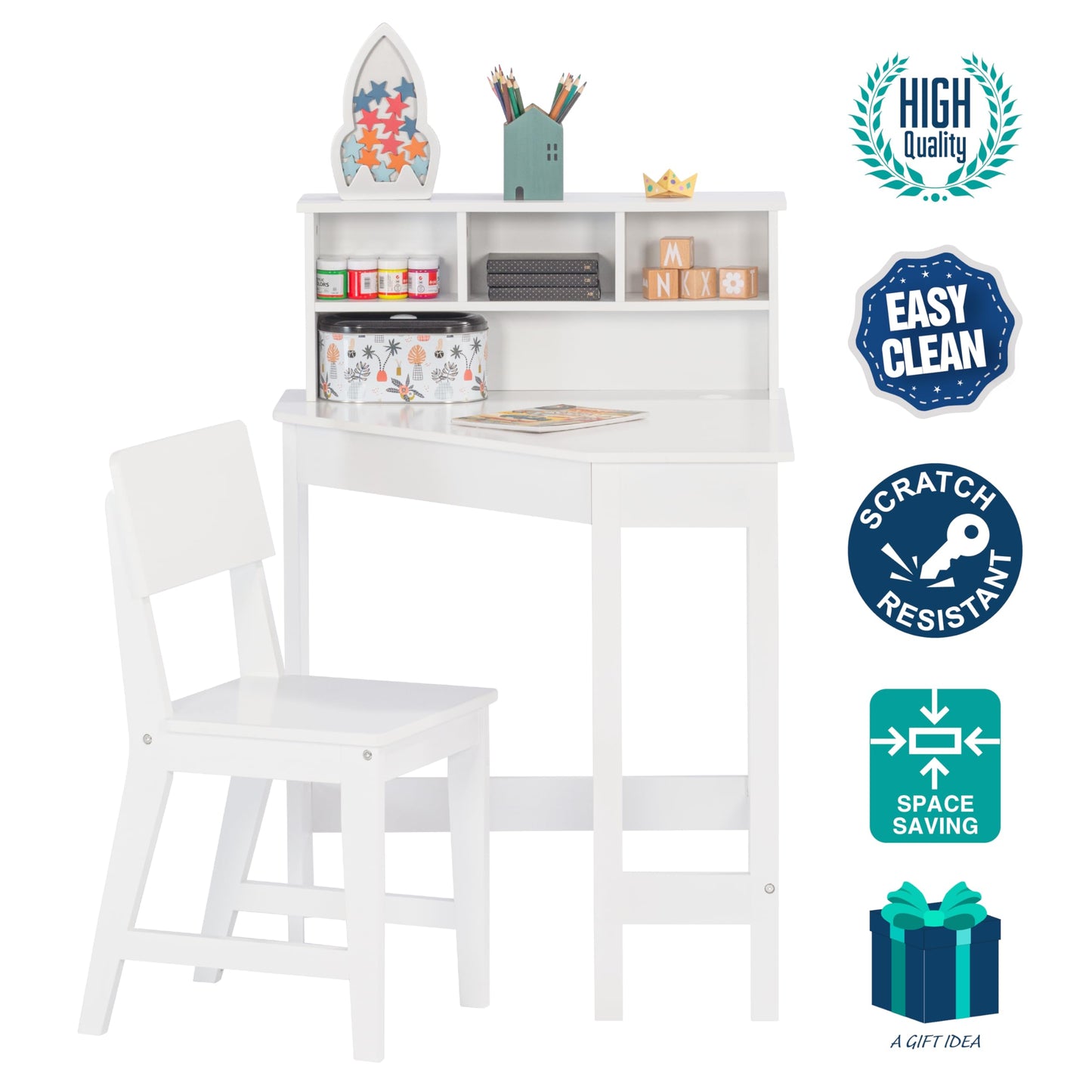 UTEX Kids Desk, Kids Corner Desk and Chair Set, Children Study Table with Storage and Hutch for Home School Use, White