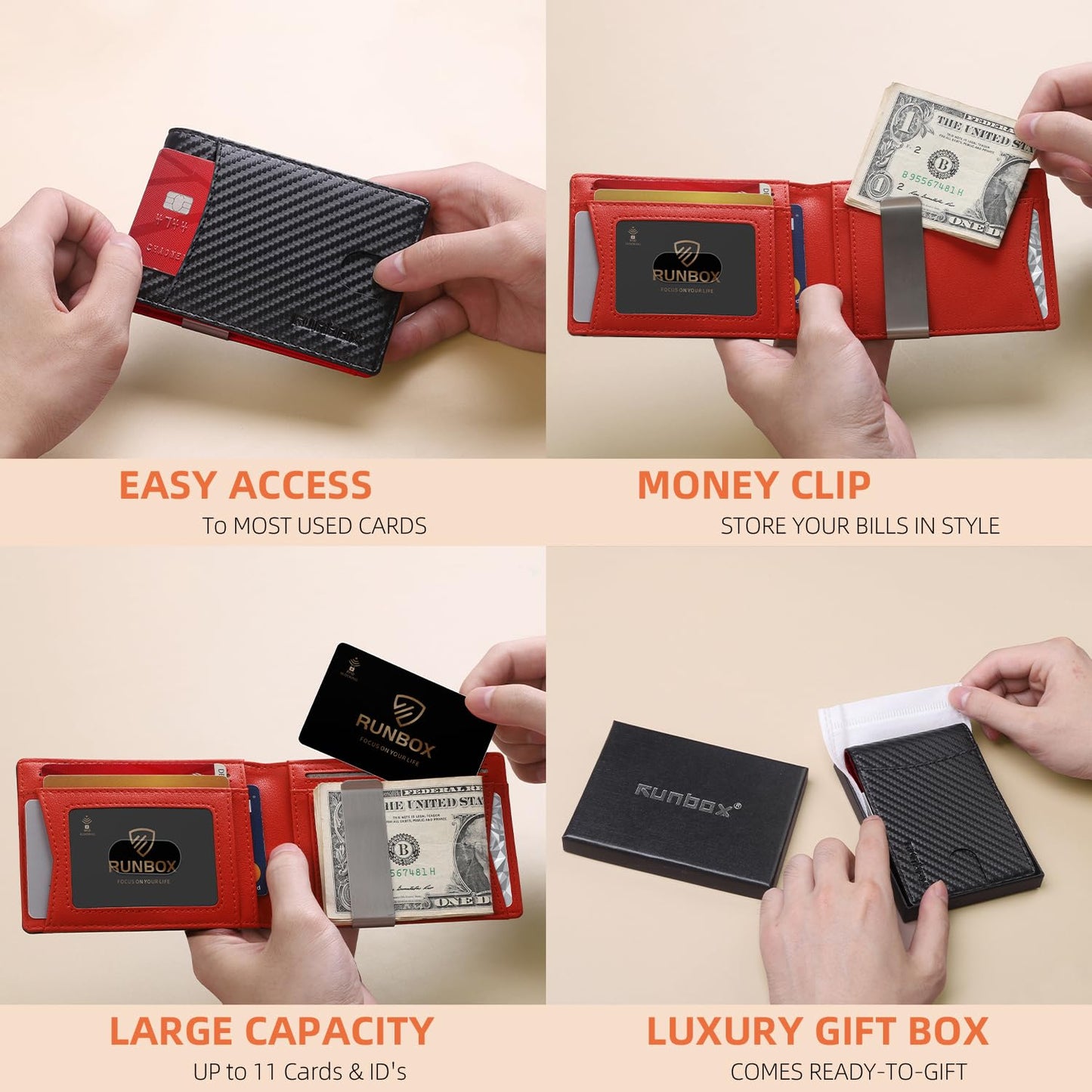 RUNBOX Slim Money Clip Wallets for Men RFID Blocking 11 Card Holder Minimalist Small Leather Bifold Novelty Men's Wallet Front Pocket Gift Box