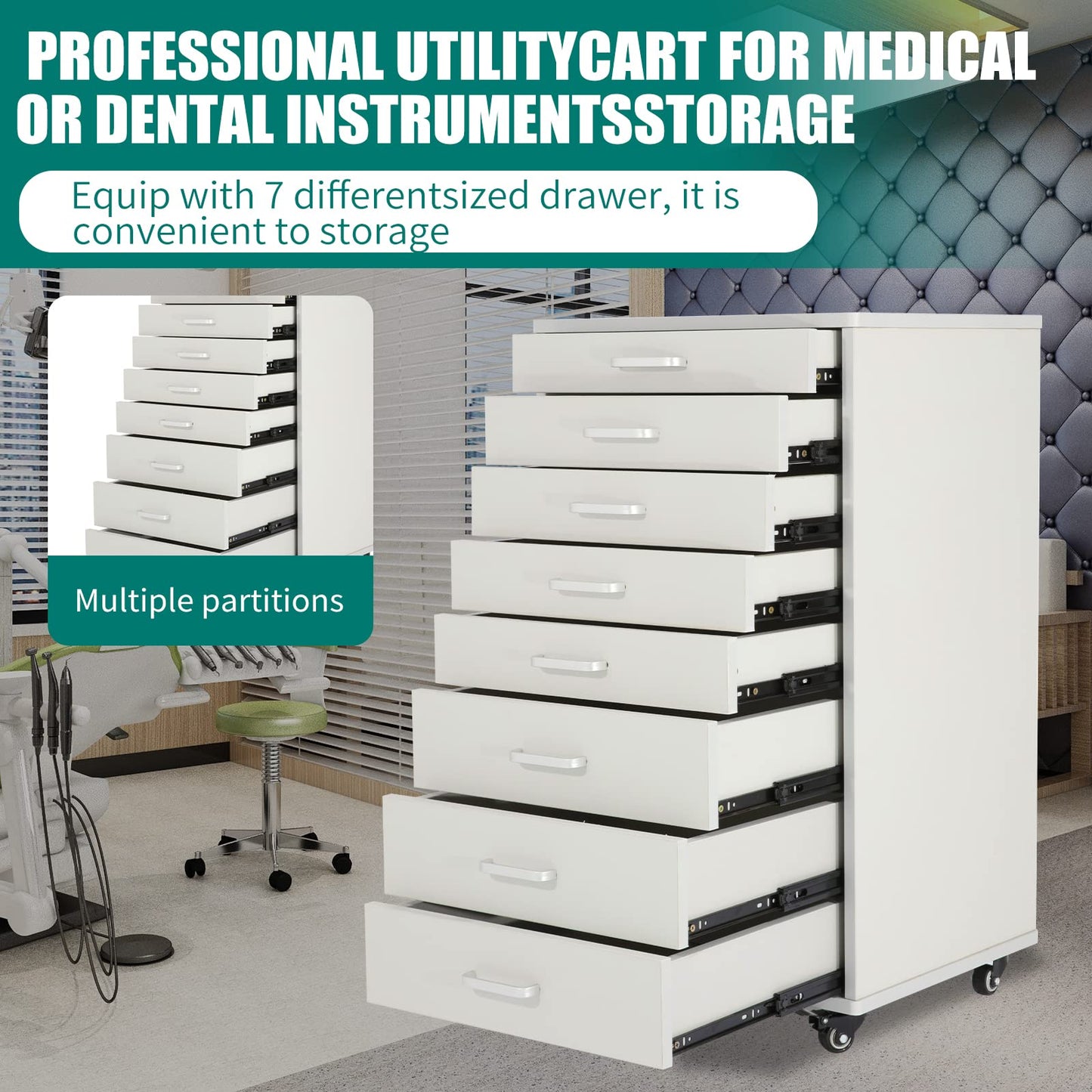 Medical Dental Assistant's Mobile Cabinet Alabama Cart Utility Cart 7 Drawer with Handle, Easy to Pull Out and Push Back. White