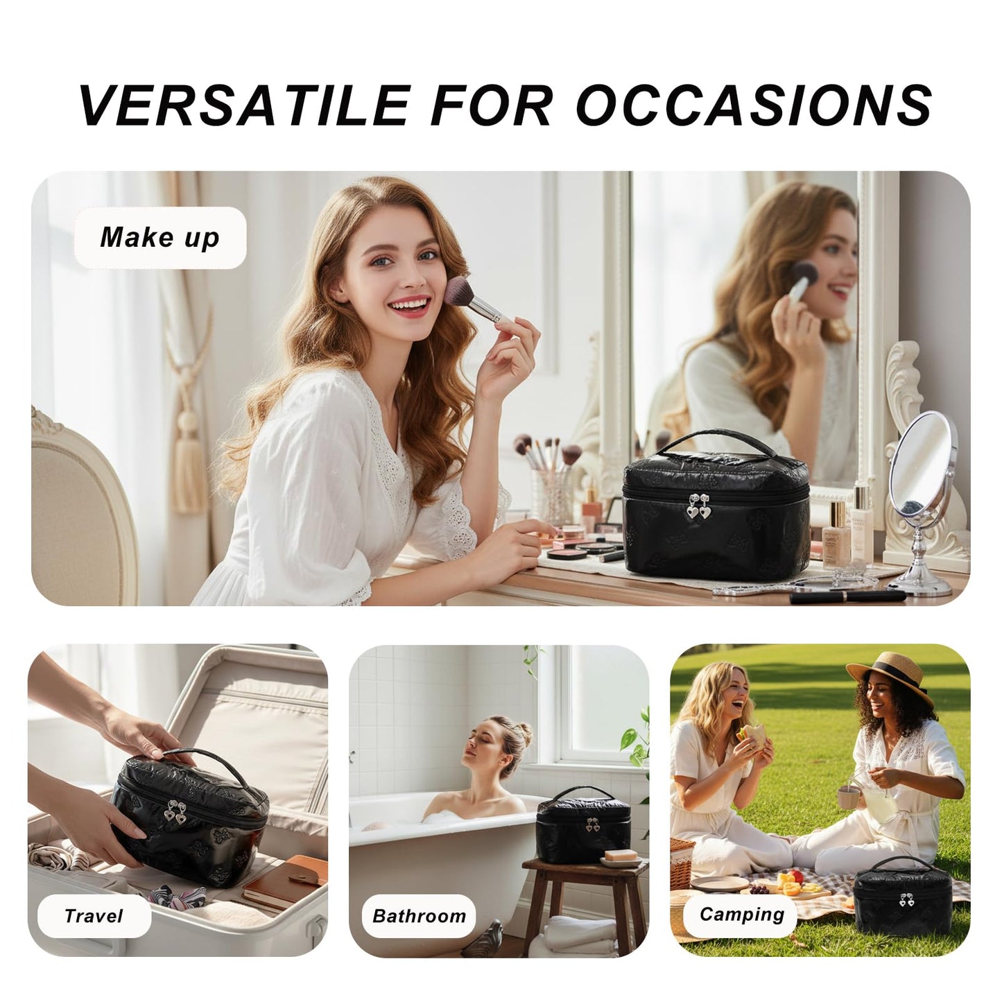Alamealle Large Cosmetic Bags Travel Makeup Bag with Mesh Pocket Portable Cute Toiletry Bag Aesthetic Make Up Organizer with Handle for Women Girls (Black)