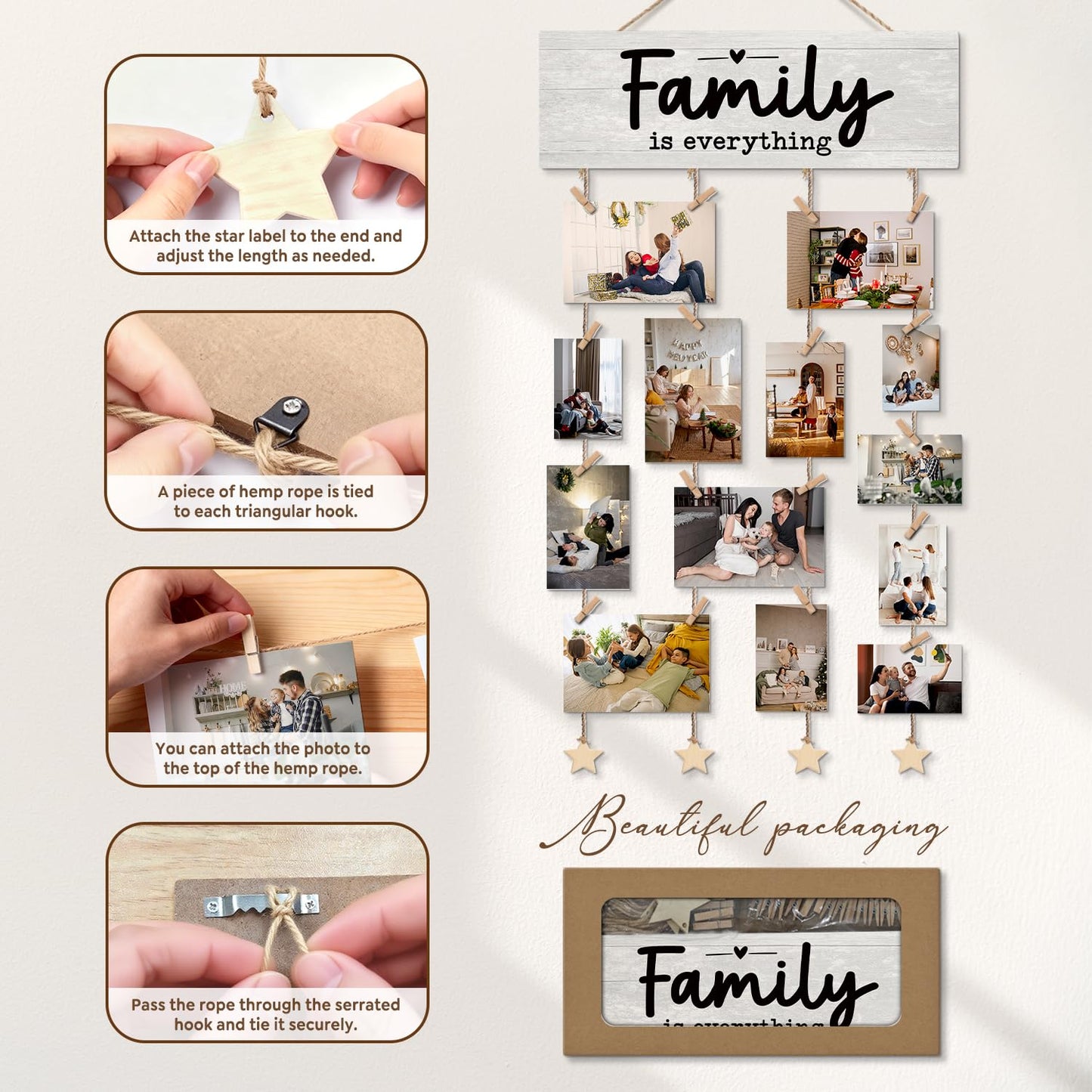 ELMCH Family Picture Frame Photo Hanging Display with Clips, Family Reunion Gifts, Families Is Everything Picture Board Photo Holder for Wall Decor