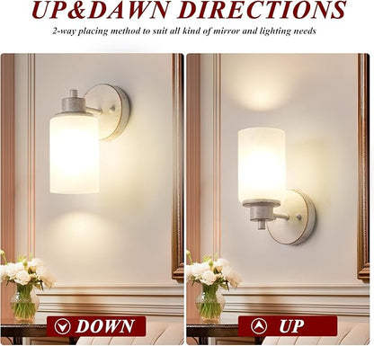 2 Pack Indoor Wall Sconces, Bath Vanity Light Fixtures Wall Mounted Lighting with White Frosted Glass Shade, White and Gold Color Bathroom Wall Lights Bedroom Porch
