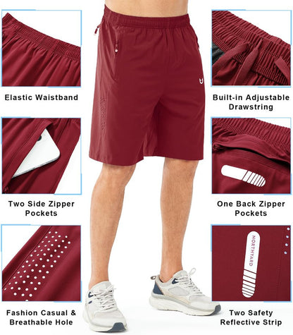 NORTHYARD Men's Athletic Running Shorts Gym Workout 7"/9"/5" Quick Dry Lightweight Sports Basketball Tennis 3 Zipper Pockets WINERED-9inch 3XL