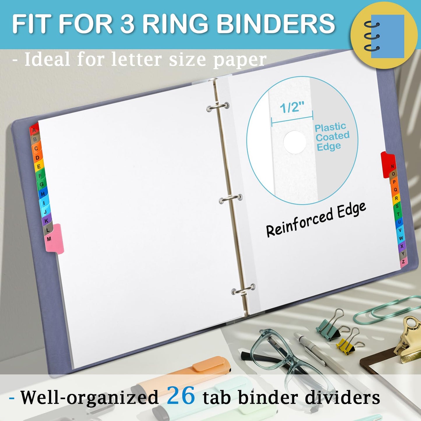 Alphabet Binder Dividers for 3 Ring Binder, COIDEA A-Z Dividers for 3 Ring Binder, Multicolor A-Z Binder Dividers with Customizable Table of Contents Page, ABC Alphabet Tabs for School Office