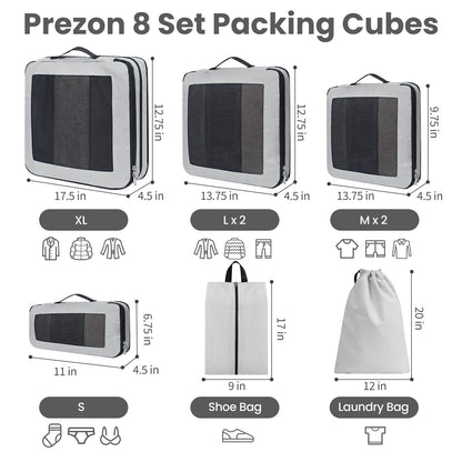 Prezon 8 Set/6 Set/4 Set Compression Packing Cubes for Travel, Lightweight Vacation Travel Essentials, Accessories for Suitcase Organizer Bags Set, Durable Luggage Organizer（8-Square-pewter）