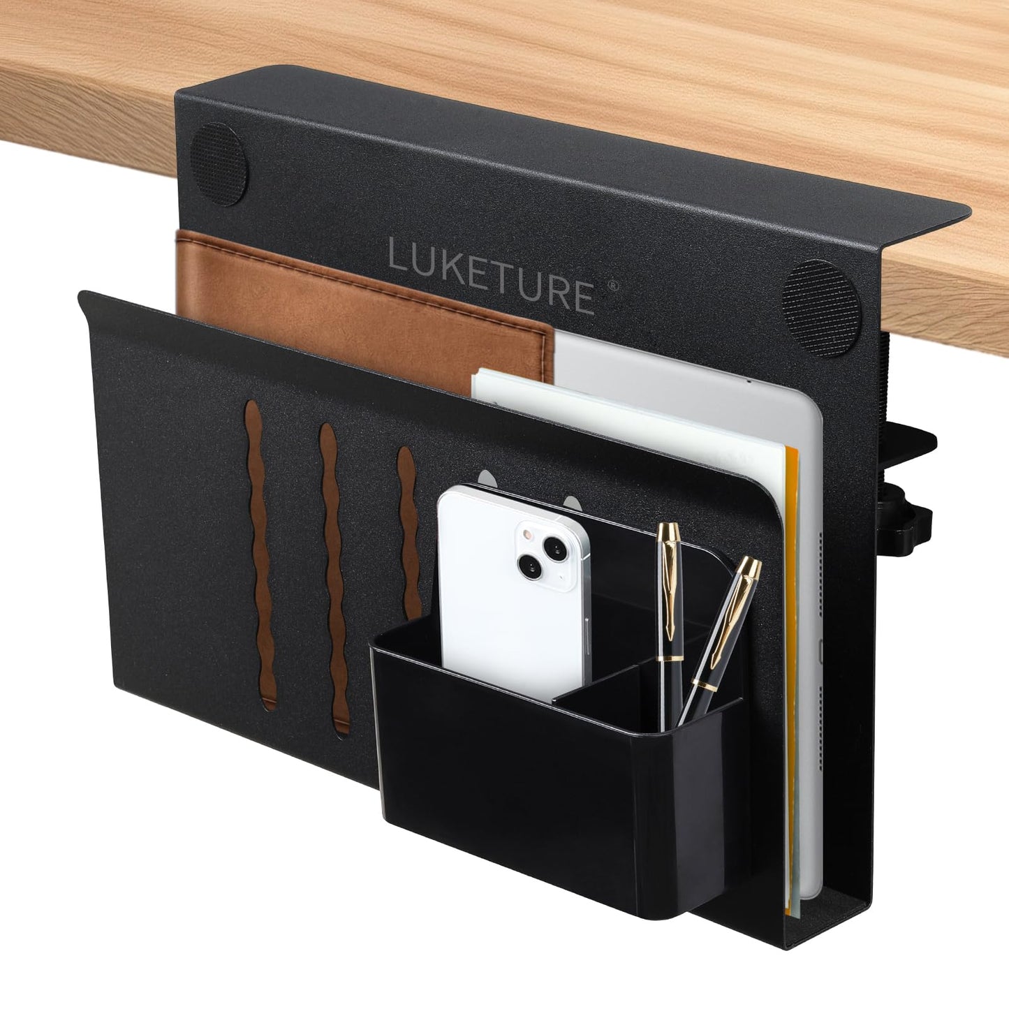 LUKETURE Laptop Holder, Steel Desk Side Storage, No Drill Standing Desk Accessories, Laptop Mount with Pen Holder, Back to School Supplies, Fits Flat Edge Tables 0.3" to 2.8" (Black, M(1 Tier))