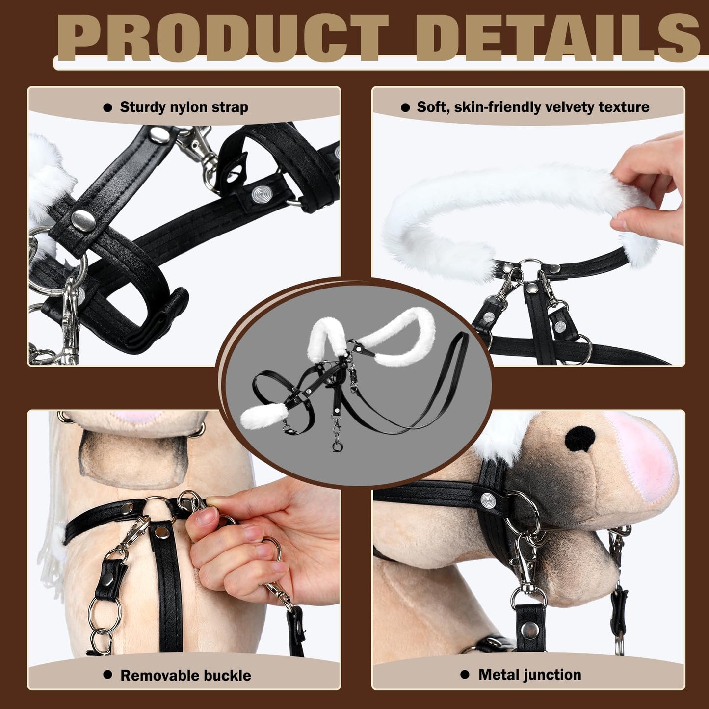 Shappy Hobby Horse Toy Accessories Realistic Horse Bridle with Metal Bit and Adjustable Reins, Faux Leather and Stainless Steel for Equestrian, Themed Events Competitions and Play(Black)