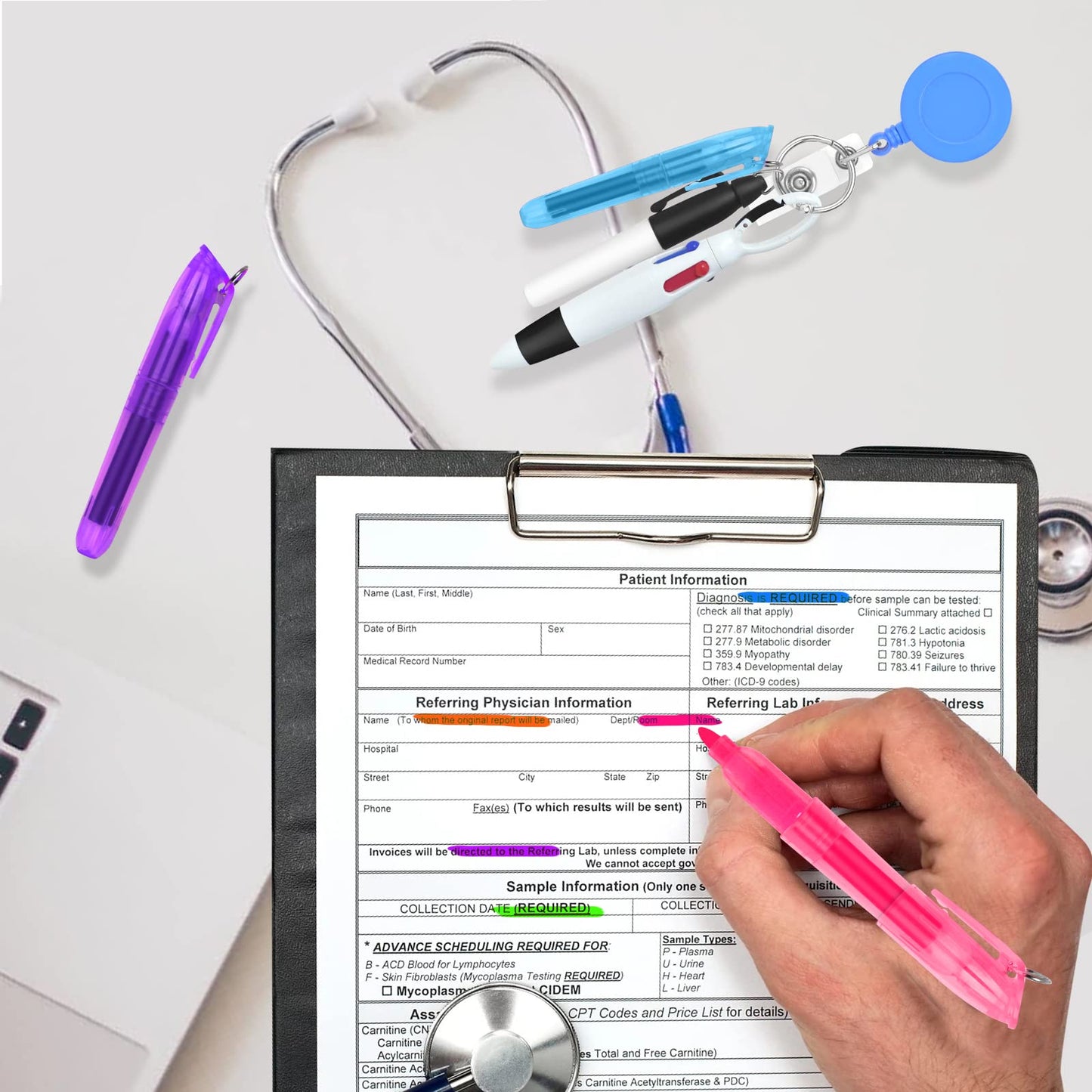DLUGOPIS Nurse Pen Set - 6 Pieces Including Highlighter, Permanent Marker and Retractable Ball Pen, 24 Reels and 6 Badge Clips