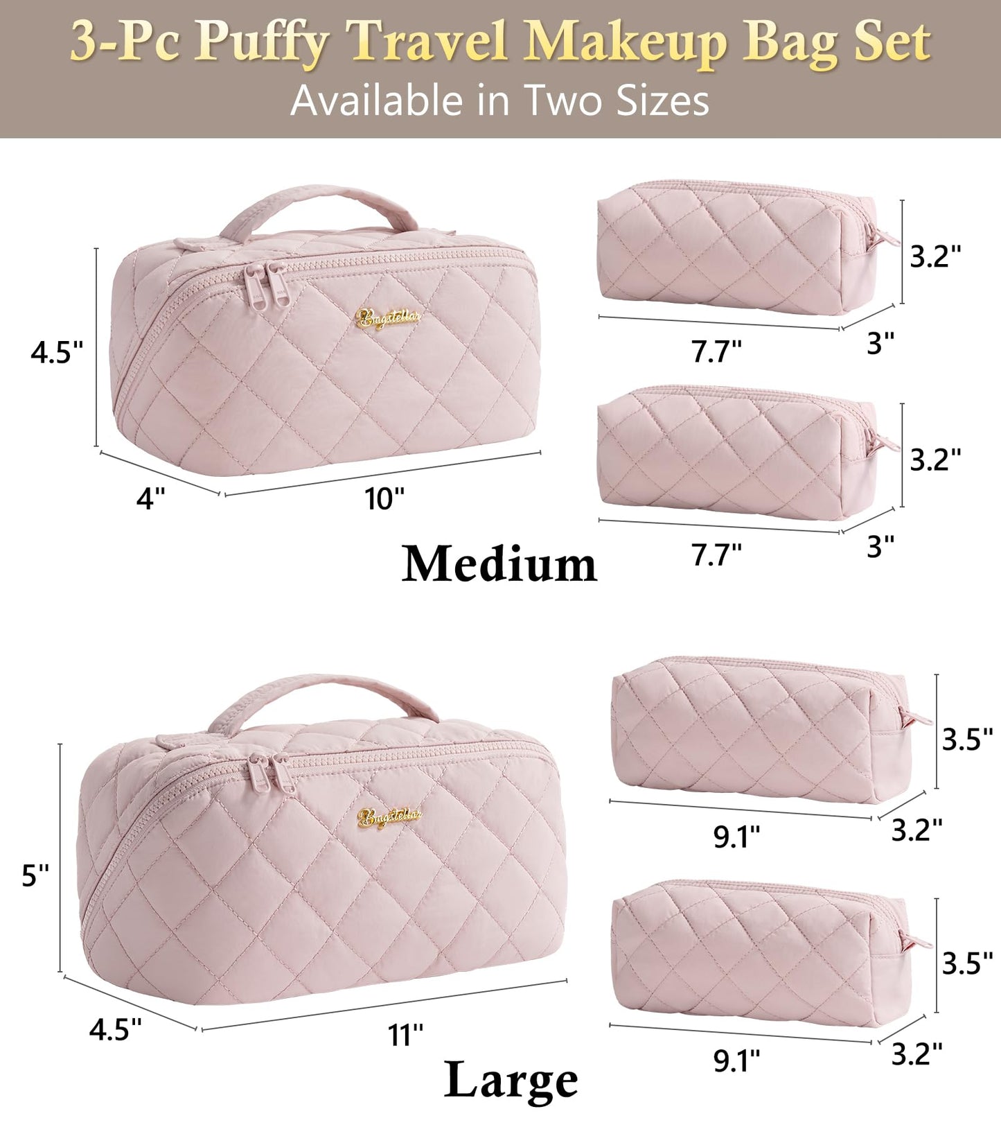 Travel Makeup Bag, 3 Pcs Large Capacity Puffy Toiletry Bag for Women, Open Flat Make up Cosmetic Organizer w/Handle & Clear Divider Water-resistant Portable Pouch Travel Essentials, L-Light Pink