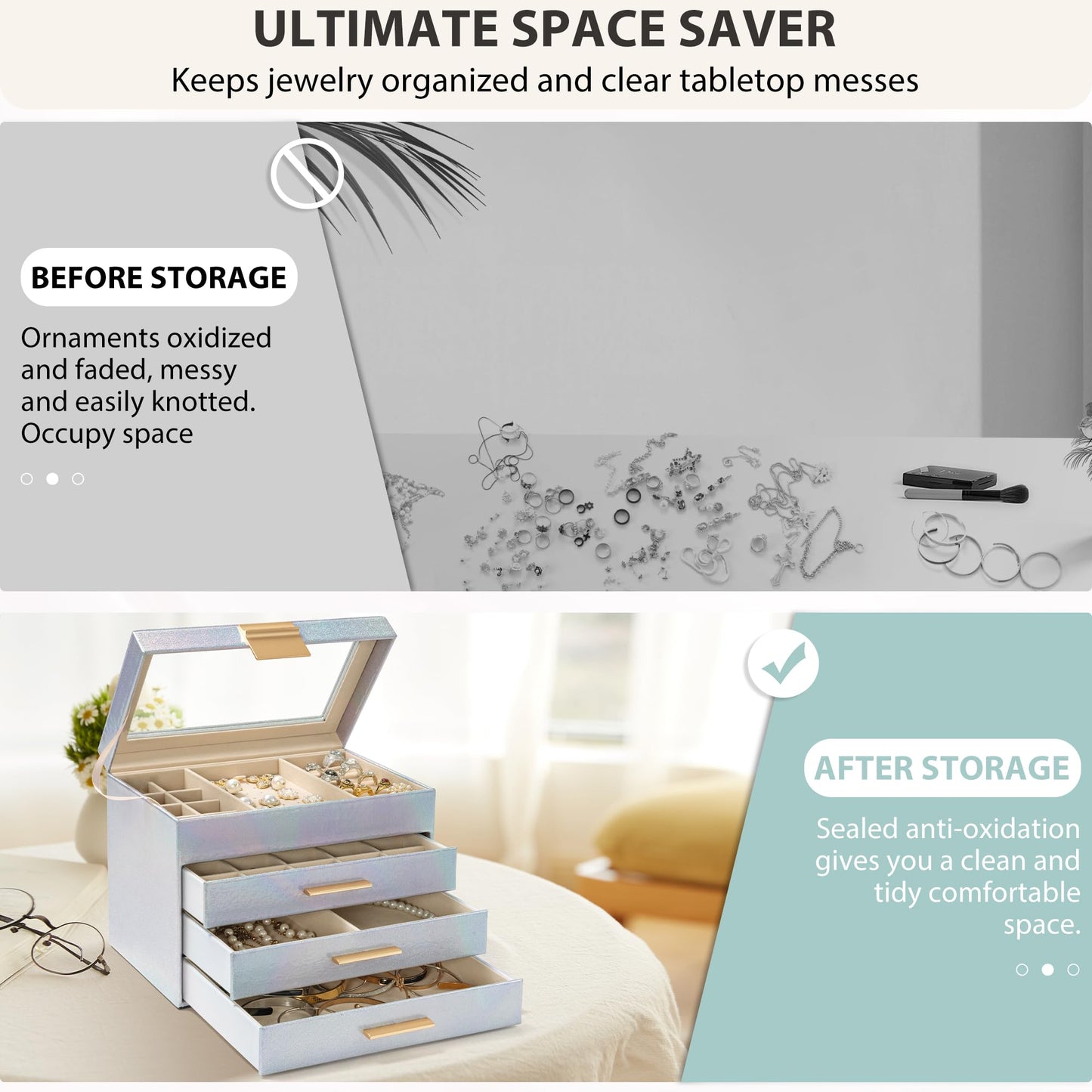 AKOZLIN 4-Tier Jewelry Box with Clear Glass Lid Functional Leather Jewelry Storage Organizer Case 3 Drawers for Women Girls Necklace Ring Bracelet Earring