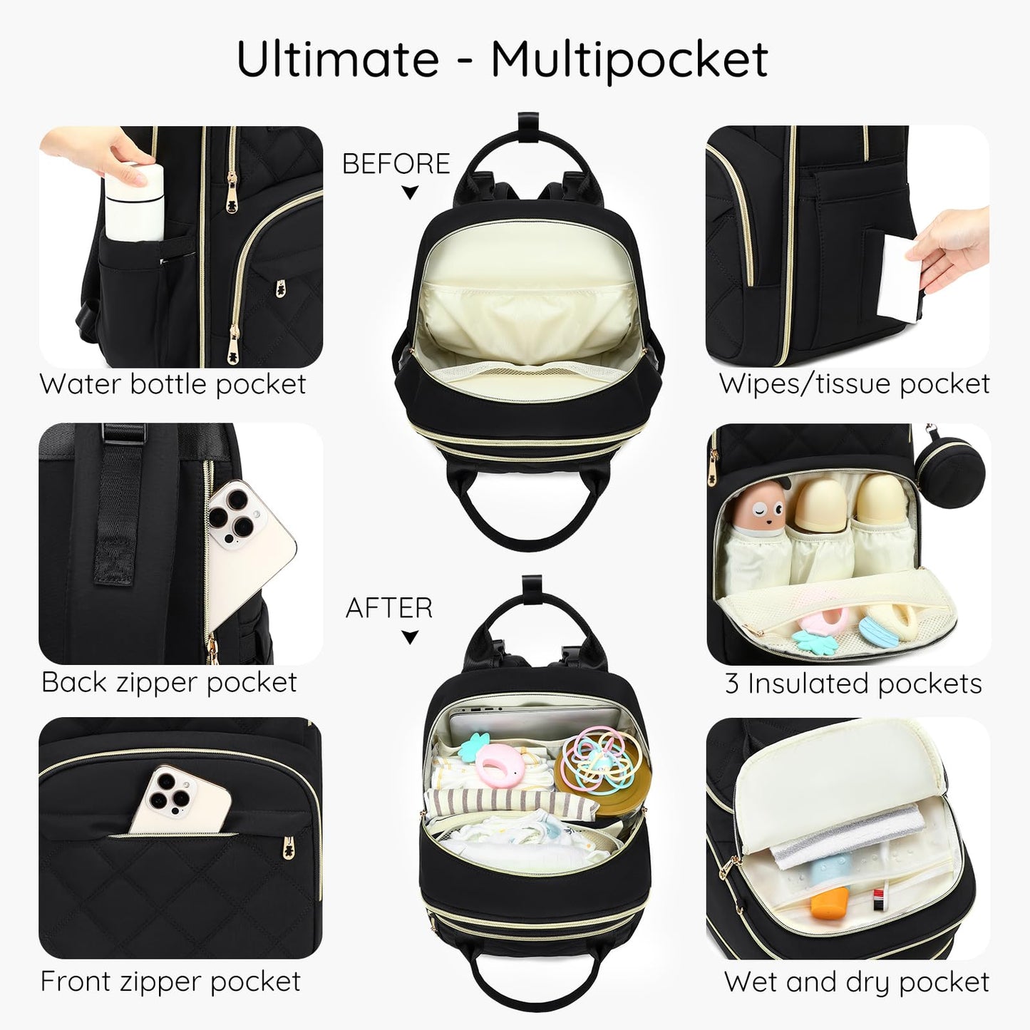 ViveVoy Diaper Bag Backpack, Large 26L Baby Bag with Portable Changing Pad & Pacifier Case, Waterproof Quilted Maternity Backpack for Mom and Dad, Travel Essentials with Insulated Pockets, Pink