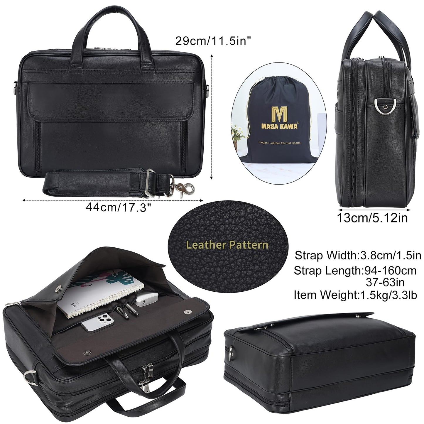 Masa Kawa Black Leather Briefcase for Men 17 Inch Laptop Computer Case Business Travel Work Messenger Cross Body Shoulder Bag