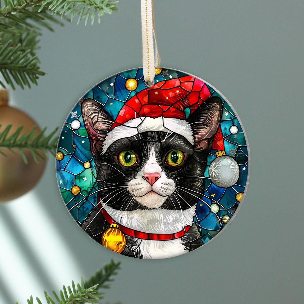 Fastpeace Tuxedo Cat Christmas Ornament with Santa Hat – Stained Glass Style Tree Decoration – Cute Hanging Gift for Cat Lovers, Friends, and Family