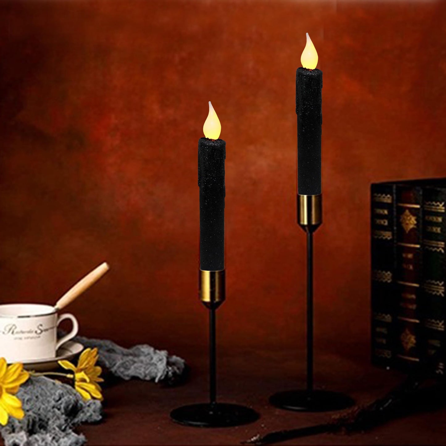 CVHOMEDECO. Glitter Flameless Candles Flickering Battery Operated LED Taper Candles with Timer for Home, Wedding, Halloween, Christmas Decor. Black, 6-3/4 Inch, Set of 2