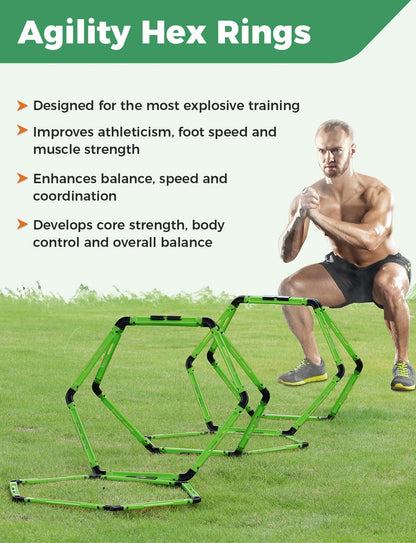 GHB Hex Agility Rings Speed Rings with Carrying Bag 6 Set Portable Hexagon Rings, Agility Ladder for Agility Footwork Training (Green)