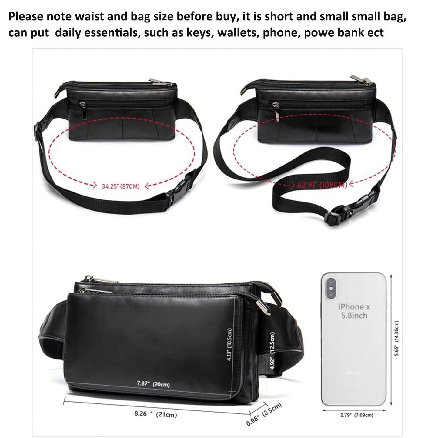 Niucunzh Small Leather Mens Fanny Packs for Women Lightweight Lambskin Leather Waist Bag Sport Men Crossbody Belt Purse Hip bags Hands-Free Bumbag Black