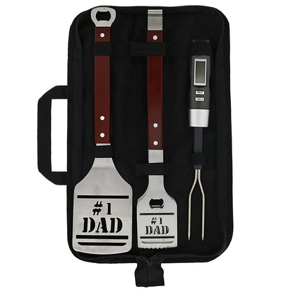 Panoware BBQ Grill Tools Set for Dad, 4 Piece Set, Number 1 Dad Tongs, Spatula, Digital Thermometer and Case