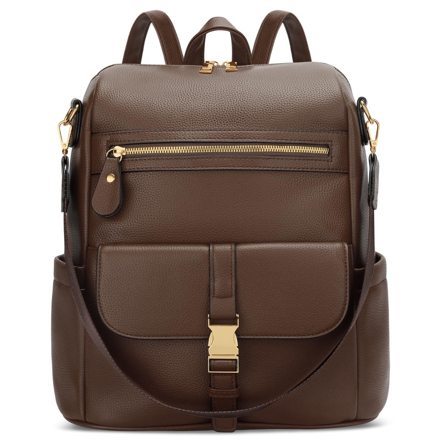 KKXIU Backpack Purse for Women - PU Leather Ladies Backpack for Daily with Anti-Theft Lock Pocket, Small Daypack with Luggage Strap & Water Bottle Pockets (Coffee)