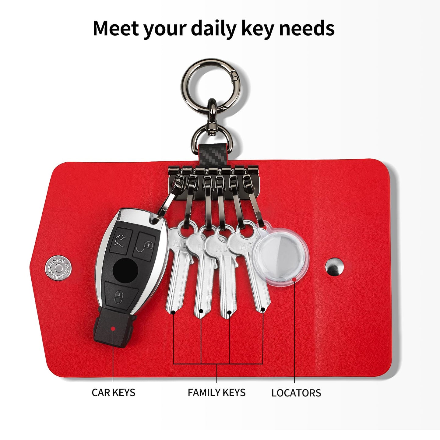 Leather Keychain Wallets Portable Key Holders Pouch Multiple Key Organizer, Key Holder with 6 Hooks for Men or Women,Carbon Fiber Pattern,Red