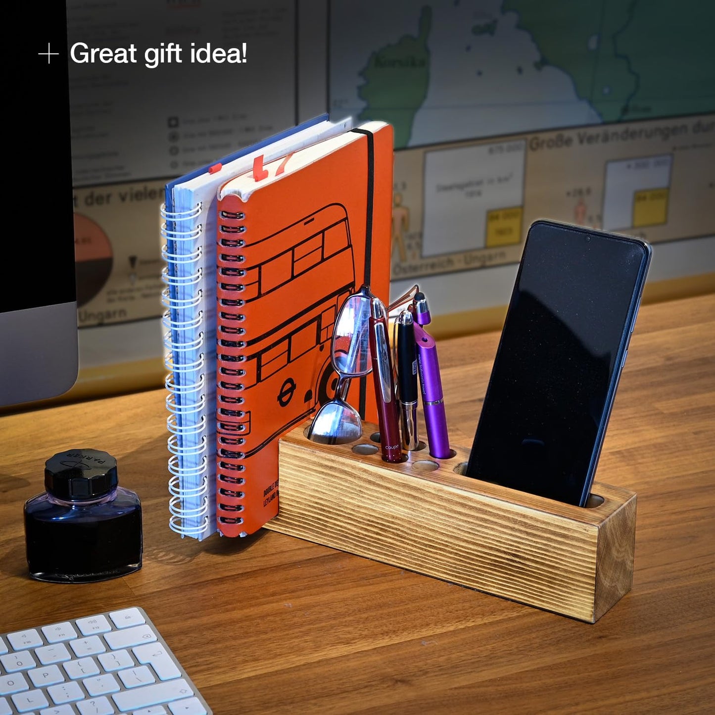 Hoffengwell Wooden Desk Organizer with Phone Holder – Stylish & Functional Book, Pen and Cell Phone Charging Stand - Solid Wood Desk Top Organizer