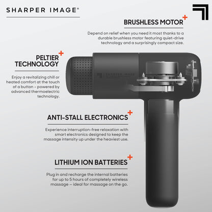 Sharper Image Deep Tissue Percussion Massage Gun, Powerboost Pro+ Hot & Cold Rechargeable Handheld Massager, 6 Adjustable Speeds, 6 Attachment Heads & Carrying Case, Muscle Pain Relief, Black