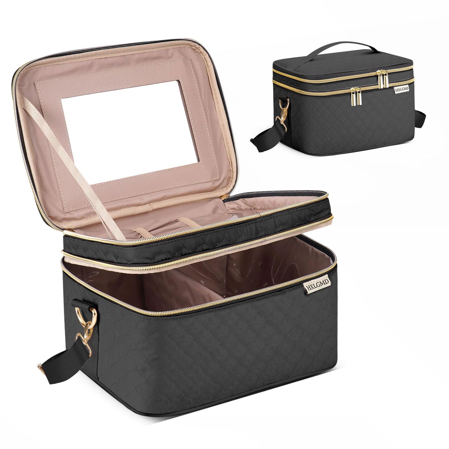 HXLGMD Double Layer Travel Makeup Bag Women, Cosmetic Organizer Case, Travel Essentials Accessories with Shoulder Strap for Bottles, Brushes, Conditioner, Skin Care Products, Black