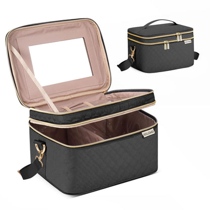 HXLGMD Double Layer Travel Makeup Bag Women, Cosmetic Organizer Case, Travel Essentials Accessories with Shoulder Strap for Bottles, Brushes, Conditioner, Skin Care Products, Black