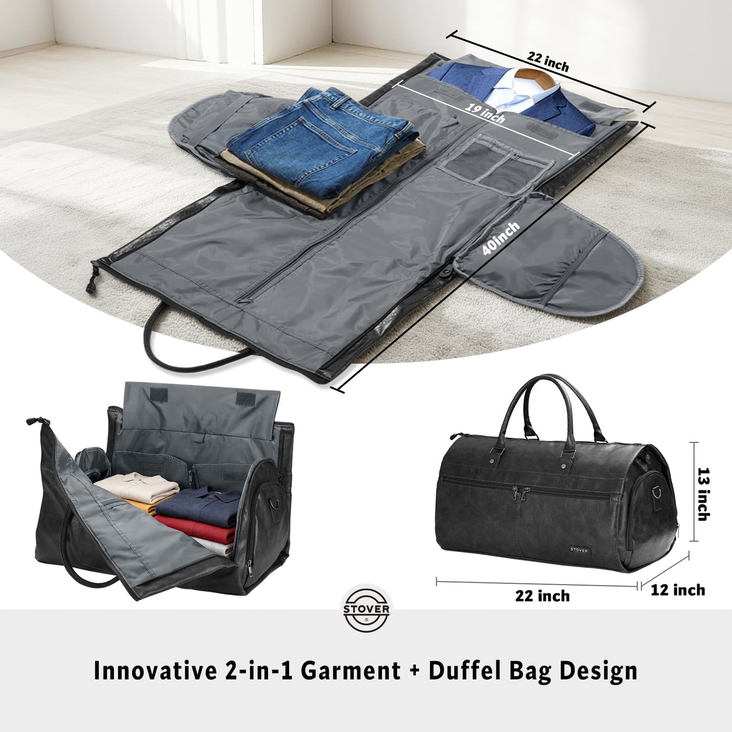 STOVER Garment Travel Duffle Bag, Large 2-in-1 Convertible Carry-on Luggage for Men & Women- Hanging Suits, Dresses & Clothes + Shoe Compartment- Weekender Tote Combo Duffel (Black Leatherette)