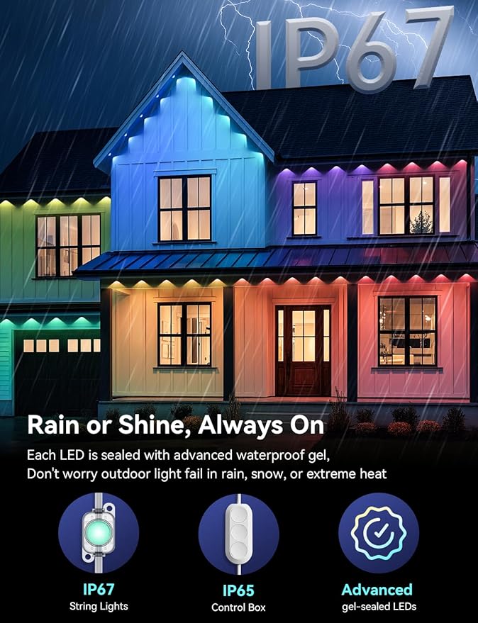 Permanent Outdoor Lights for Halloween, RGB+IC Smart Outdoor Lights for House, 50ft with 25 LED, IP67 Waterproof LED Lights for Halloween Decorations, Work with Remote, APP