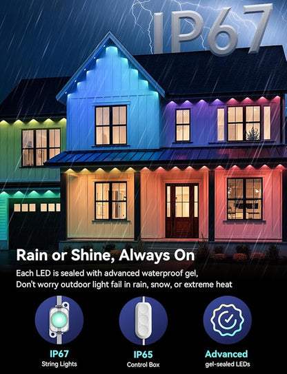 Permanent Outdoor Lights for House, RGB+IC IP67 Waterproof Smart Eave Lights 200ft with 100 LED, Eternity Lighting for Halloween Christmas Decoration, Work with Remote, APP