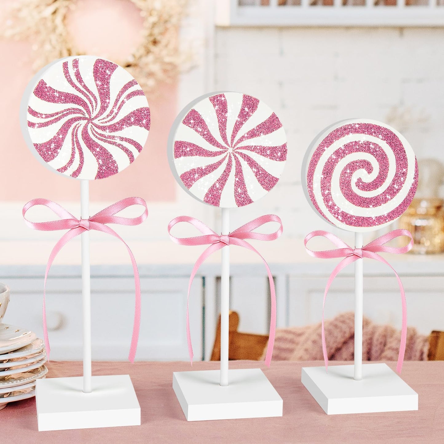 3 Pieces Christmas Table Decorations Wood Candy Set, Pink Christmas Tiered Tray Decor,Rustic Candy Table Decorations for Home Tables (Pink)