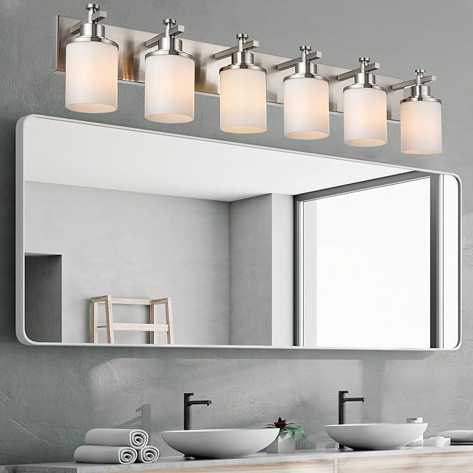 MELUCEE 6-Light Bathroom Vanity Light, Bathroom Light Fixtures Over Mirror with Milky White Glass Shade, Brushed Nickel Finish Wall Light for Kitchen Dressing Room Living Room Hallway, E26 Base