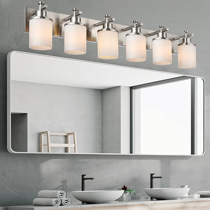 MELUCEE 6-Light Bathroom Vanity Light, Bathroom Light Fixtures Over Mirror with Milky White Glass Shade, Brushed Nickel Finish Wall Light for Kitchen Dressing Room Living Room Hallway, E26 Base