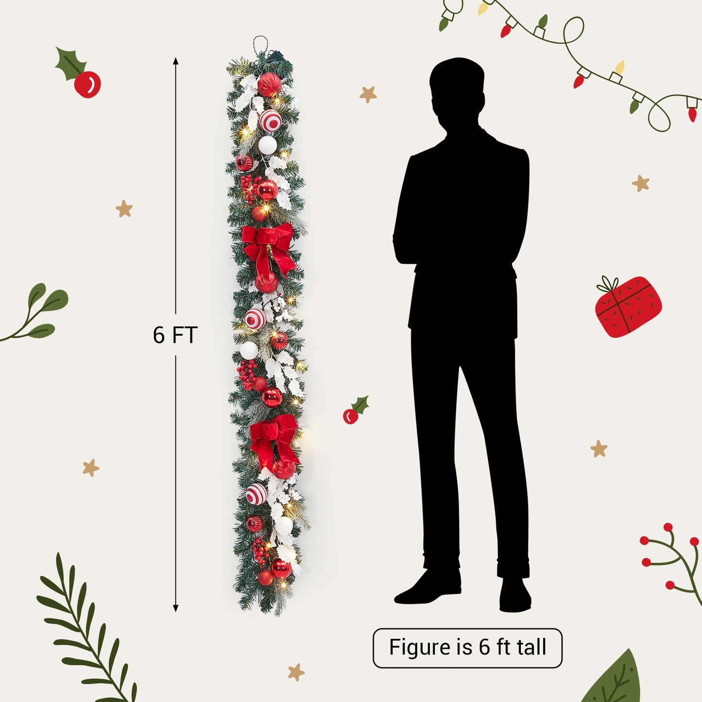 FairyLee 6ft Battery Operated Christmas Garland with 20 LED Lights & Timer, Pre-Lit Artificial Garland for Mantle, Staircase, Table, Indoor Outdoor Xmas Holiday Decor,Red Bow