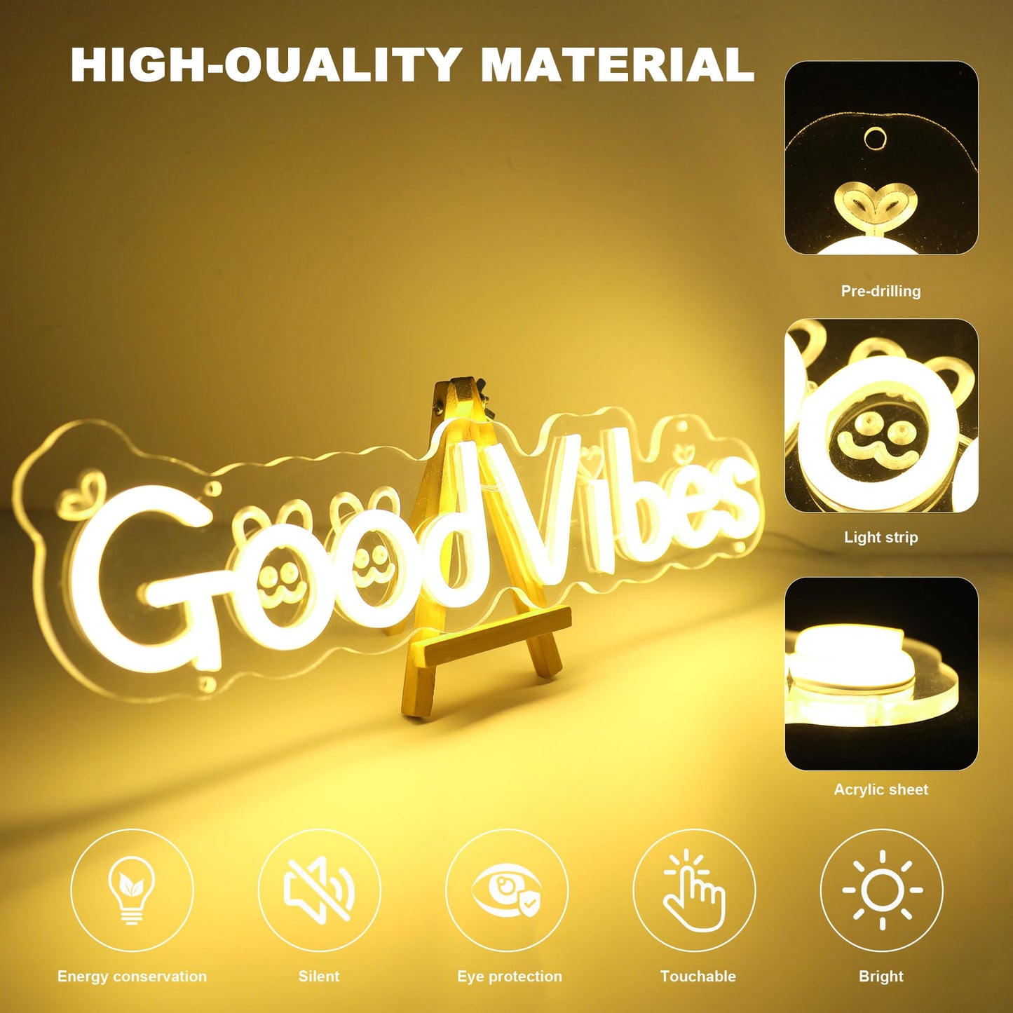 Enuoli Good Vibes Neon Sign for Wall Decor, Cute Cartoon Good Vibes Neon Lights Sign for Wall Decor, USB Operated LED Sign for Bedroom, Party, Bar, Salon - Best Gifts for Birthday, Christmas(Warm White)