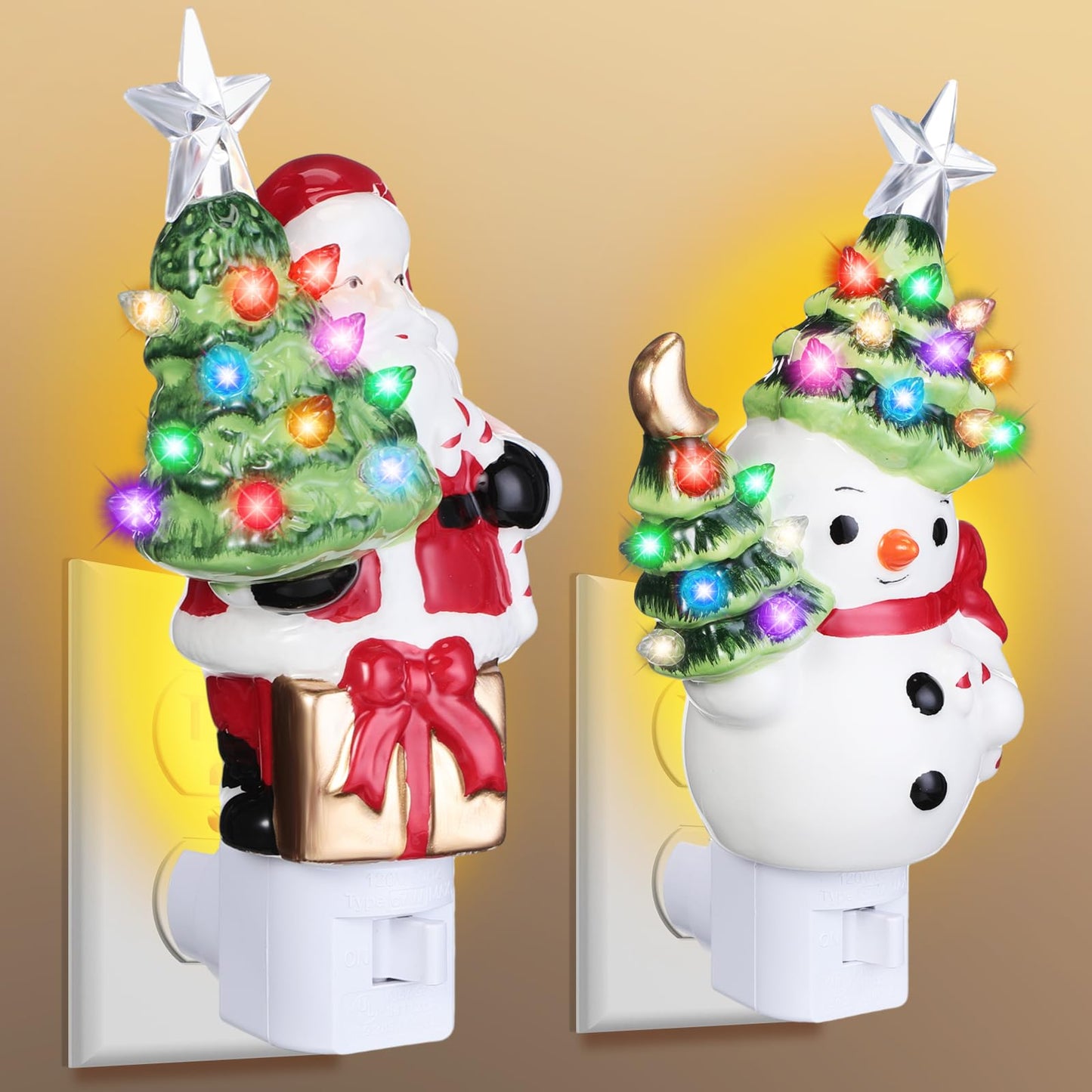 Wettal 2 Pack Christmas Decoration Night Light Plug Ceramic Santa Snowman Night Light with Switch LED for Christmas Gift Holiday Decor Home Room Fireplace Office