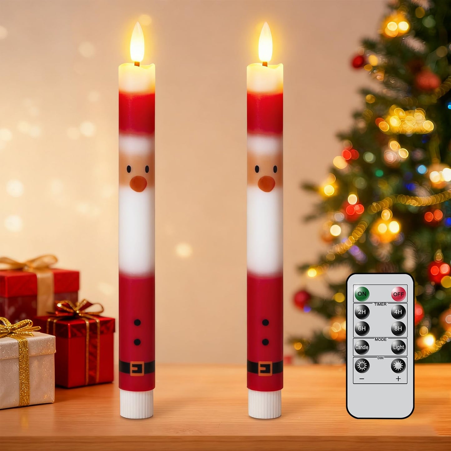 Wondise Christmas Santa Flameless Taper Candles with Remote Timer, Real Waxy Battery Operated Flickering Candlesticks 3D Wick LED Candles 9.6inch for Halloween Christmas Thanksgiving Decoration