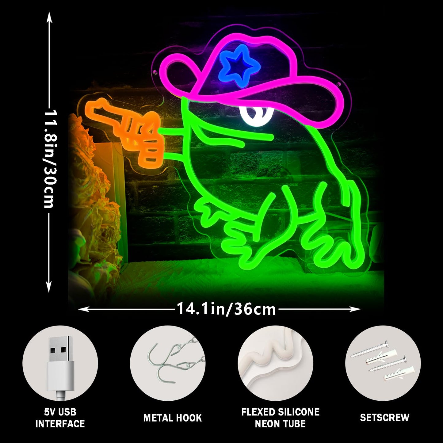 Cowboy frog neon sign, dimmable frog neon LED light funny neon sign for wall decoration, suitable for playroom decoration, party decoration, baby room, kids gift.