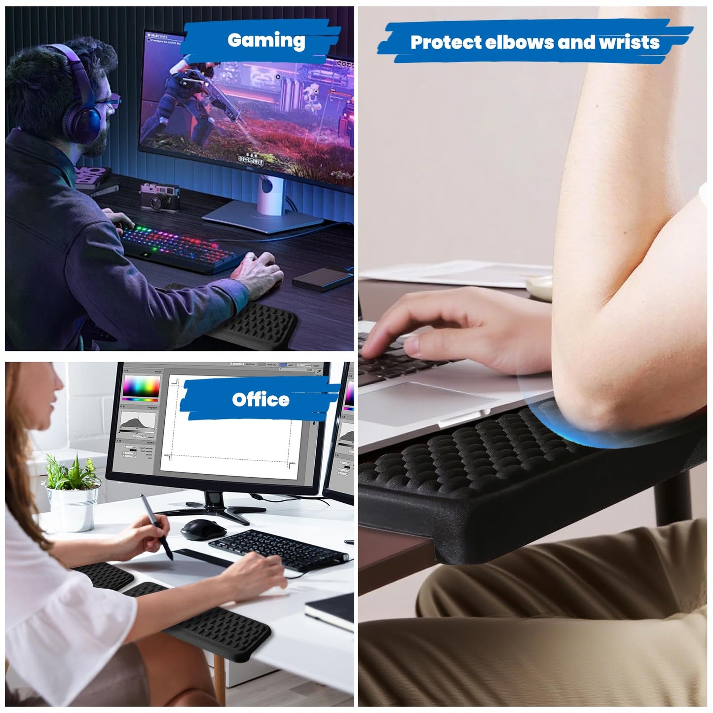 Arm Rest for Desk, L-Shaped Memory Foam Elbow Pads with Non-Slip Base, 2-Piece Ergonomic Desk Edge Cushion & Wrist Rest for Computer Keyboard, Office and Home Use