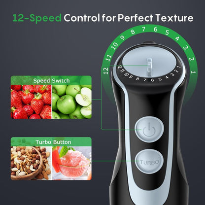 Immersion Blender Handheld, Stainless Steel Hand Electric Stick Mixer with 12-Speeds & Turbo Mode, Powerful 500W Emulsion Blender with Beaker, Chopper & Whisk for Smoothie, Puree, Baby Food