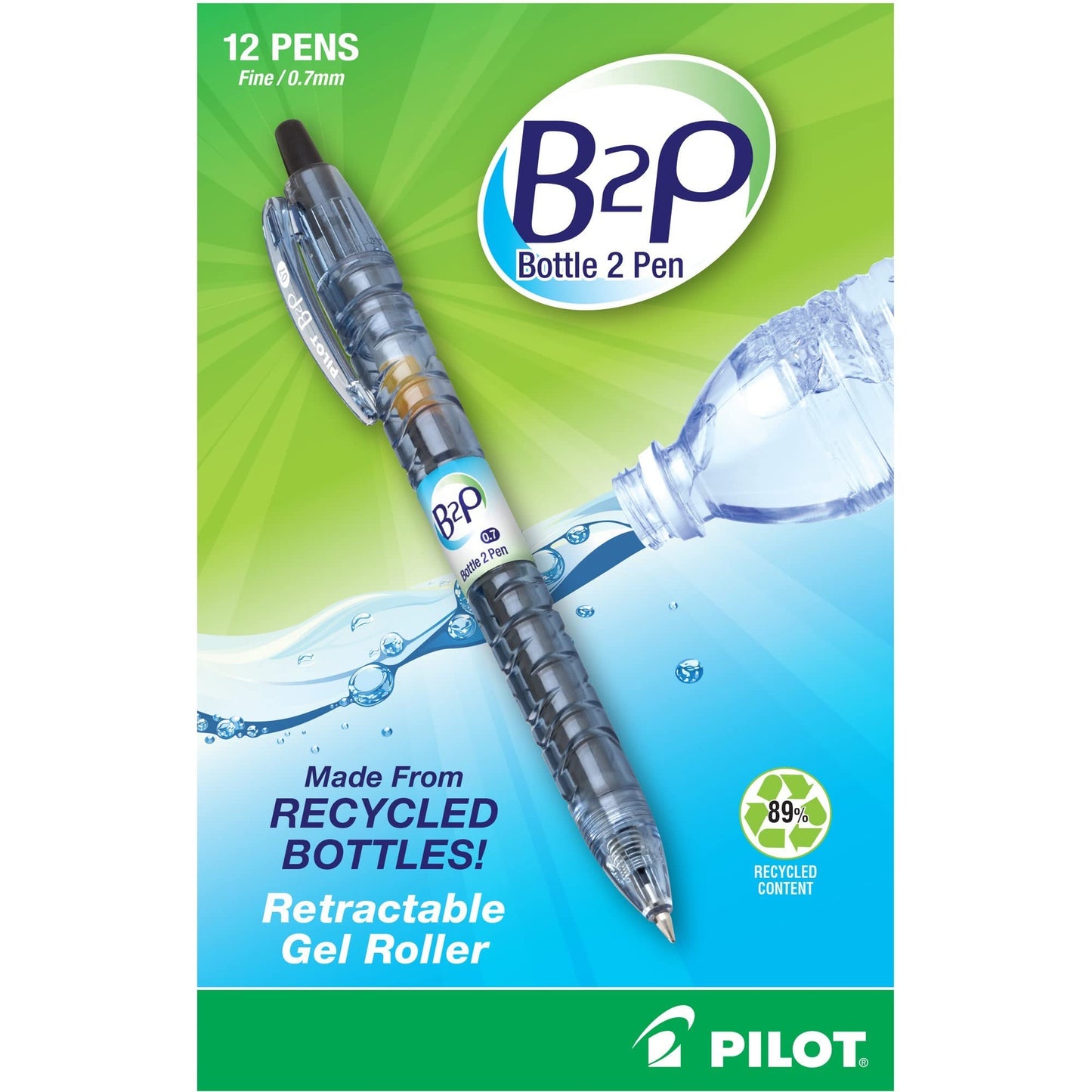 PilotBottle to Pen B2P Retractable Gel Pens, Fine Point, 0.7 mm, 89% Recycled, Translucent Barrel, Black Ink, Pack Of 12