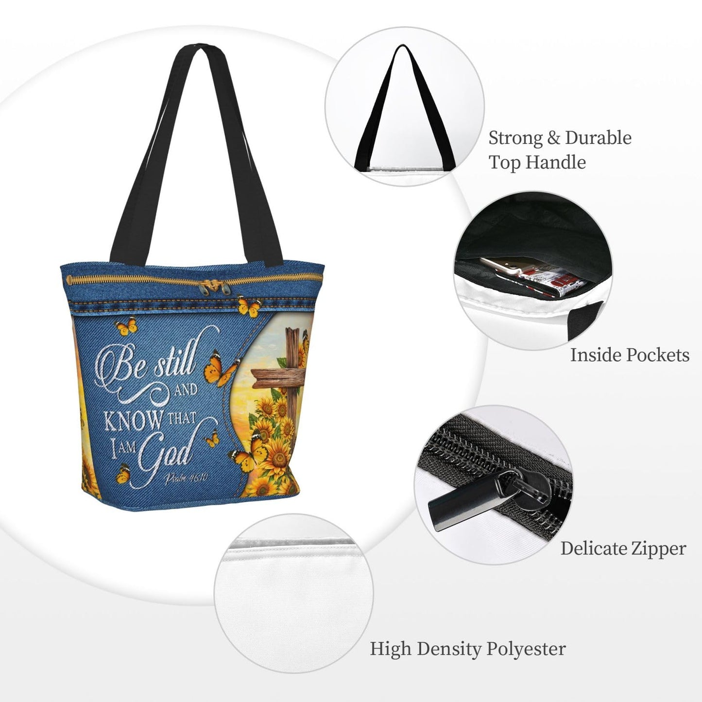Sunflower Butterfly And Cross Bible Print Tote Bag Christian Gift Bible Women'S Handbag Christian Gifts Zippered Inspirational Tote Bags For Women Bible Verse Shoulder Bag Art Tote For Fit Work