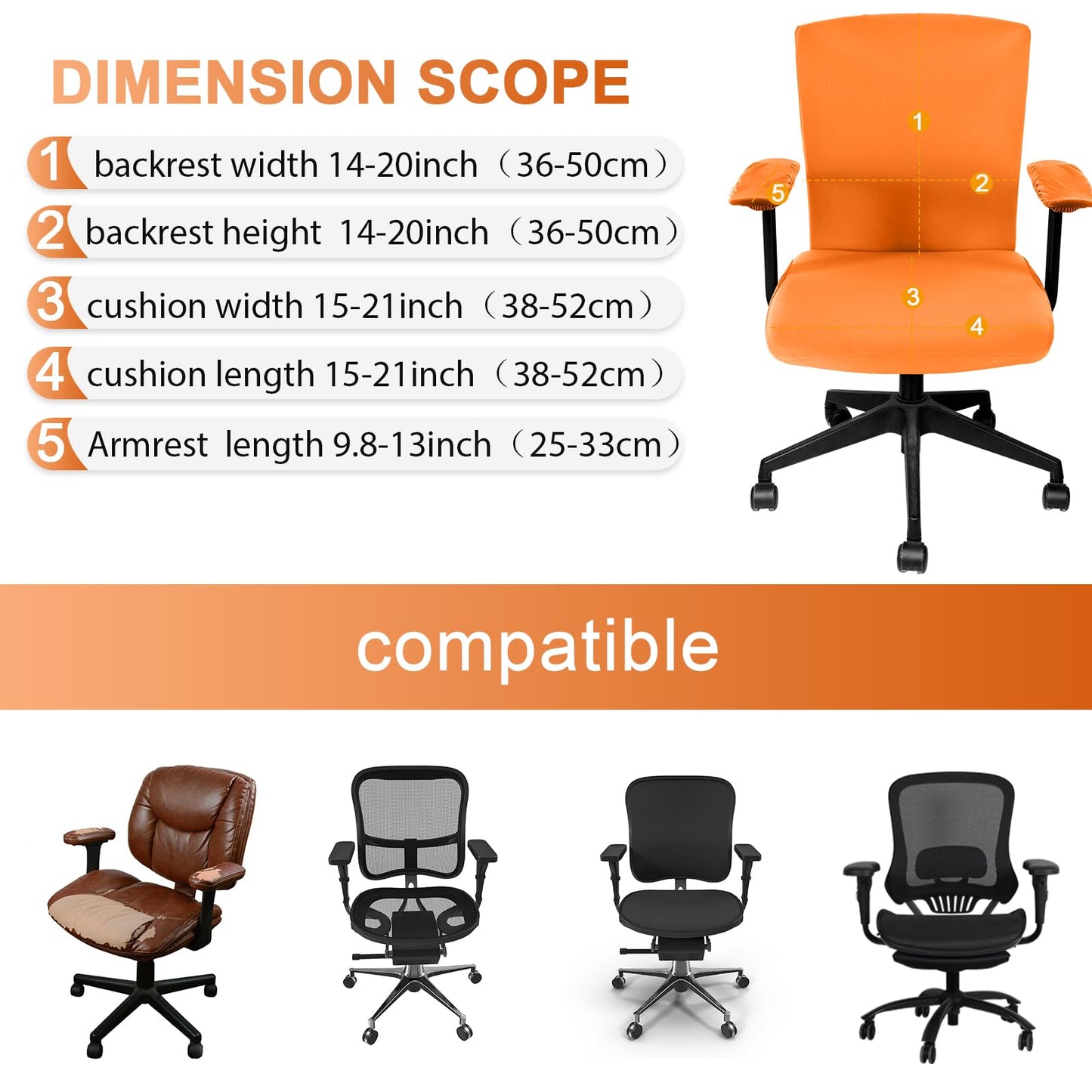Tallew 4 Pcs Office Chair Covers Set Computer Universal Protective Stretchable Chair Seat Covers Desk Armrest Cover Pads Office Cushion Backrest for Rotating(Regular,Orange)