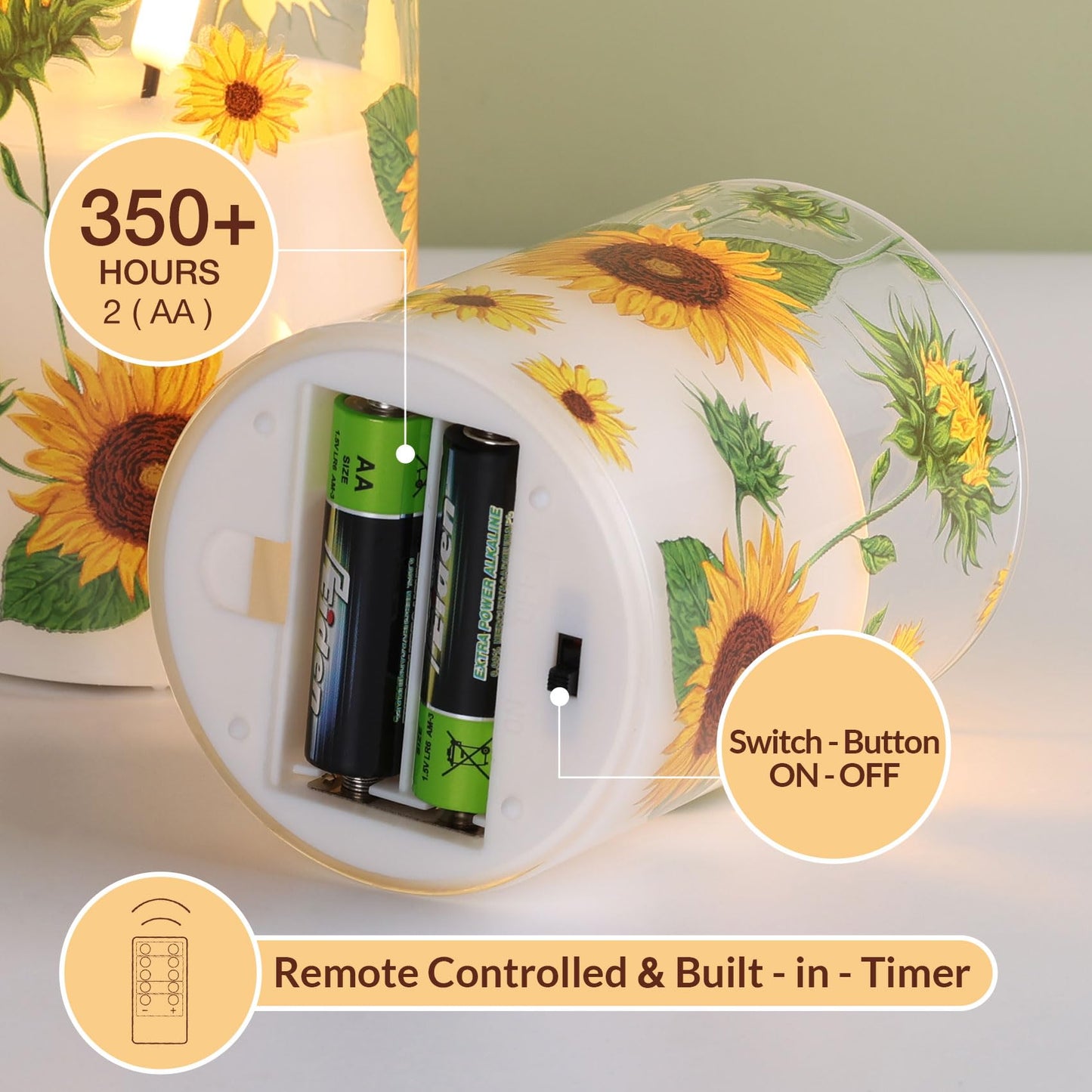 Girimax Sunflower Glass Flameless Pillar Candles with Remote, Flickering LED Battery Candles Summer Home Decor Set of 3