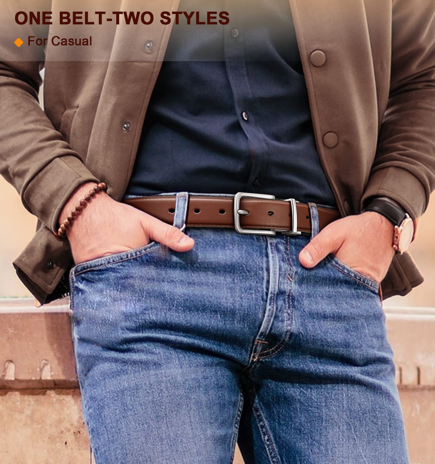 BULLIANT Men's Belt,Reversible Belt Adjustable For Gift Men 1.25”-Cut For Fit-2 Sides in 1 Belt(Not 2)(Black/Light Brown,48"-50" Waist Adjustable)